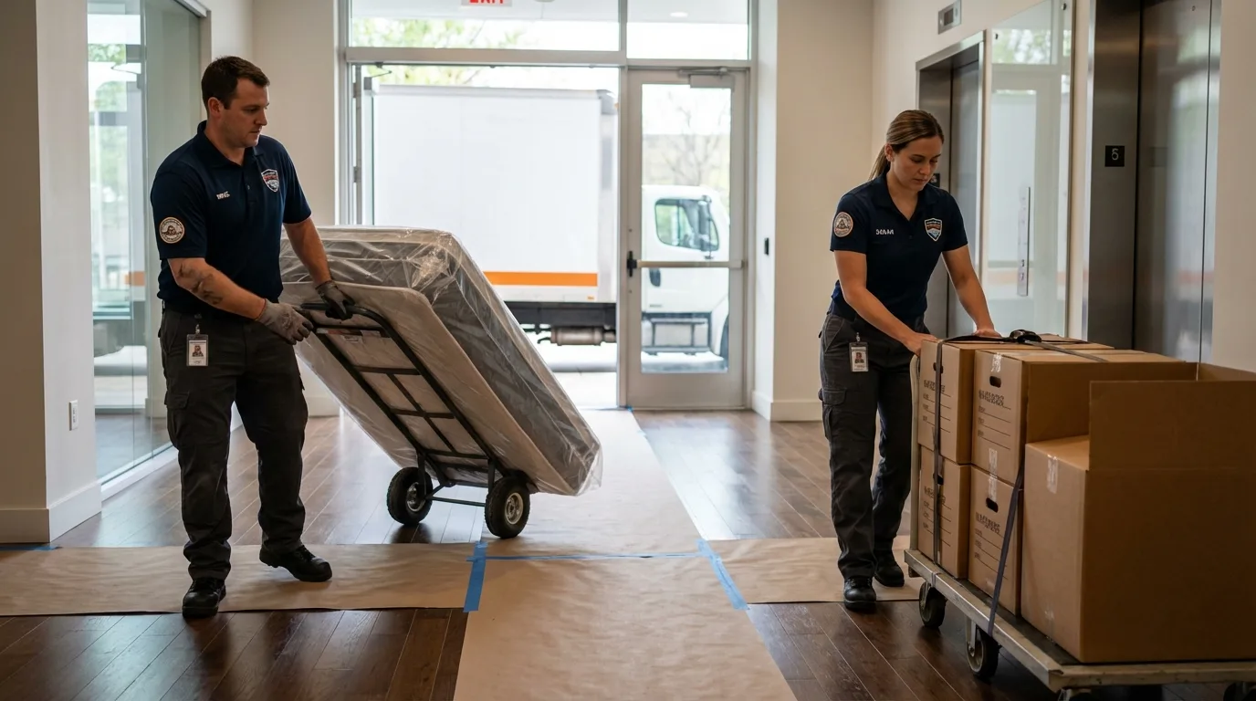 Professional apartment movers loading elevator in Lincolnton, GA