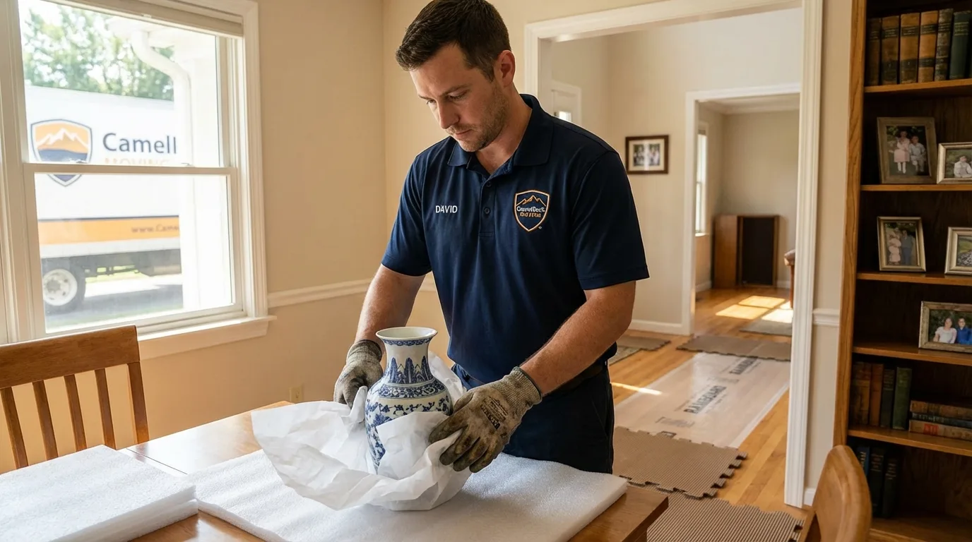 Professional crew carefully wrapping antique vase for senior downsizing move in Lincolnton, GA
